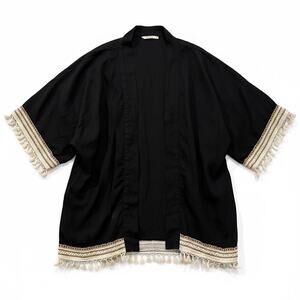 Black Linen Blend Open Front Kimono Cardigan Tassel Trim Boho S/M Indie Vacation